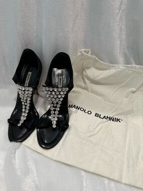 Manolo Blahnik Black Satin Heels with Crystal T-Strap